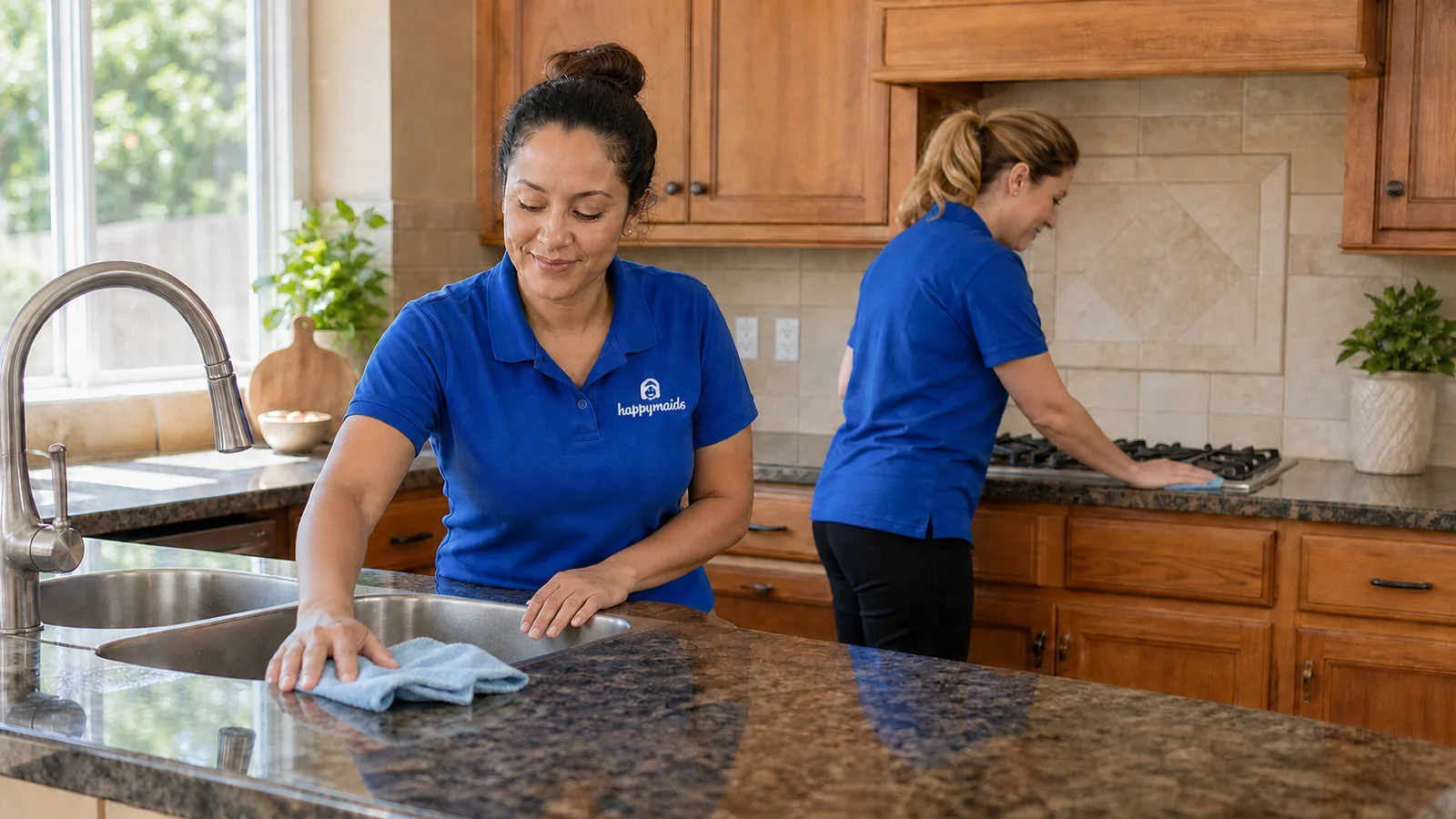 Two Happy Maids cleaners working together in a Hoffman Estates-area kitchen