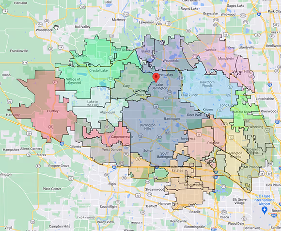 Happy Maids coverage-area map showing our service zones across the northwest Chicago suburbs, with our Lake Barrington office marked